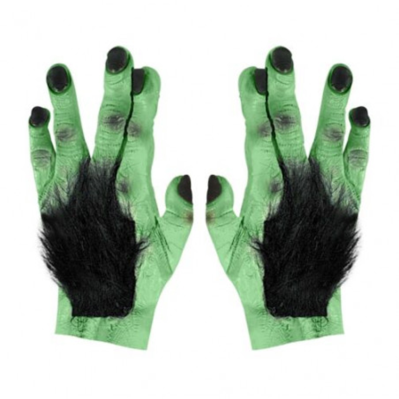 Paar behaarte grüne Monster-Handschuhe aus Latex
