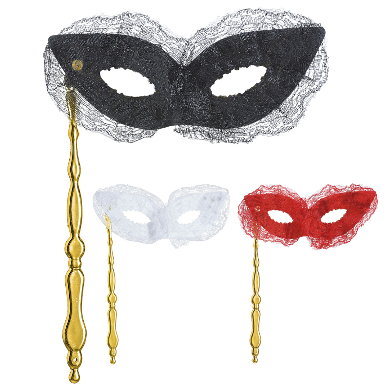 [WID6473P] Masque vénitien en dentelle avec bâton - 3 couleurs ass.