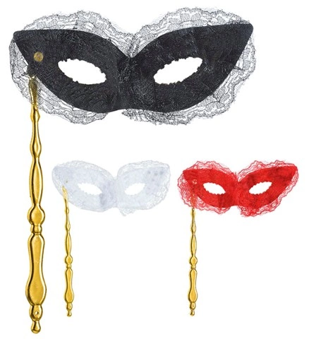 [WID6473P] Venetian lace mask on a stick, 3 assorted colours