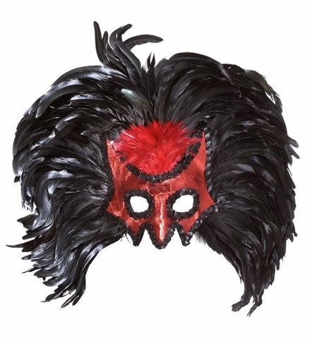 [WID6474D] Red demon Venetian mask with black feathers