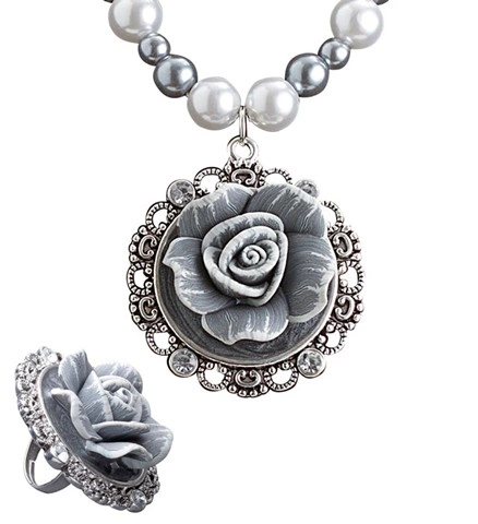 [WID7536C] Barock-Set Perlenkette mit rosa Kamee und Ring