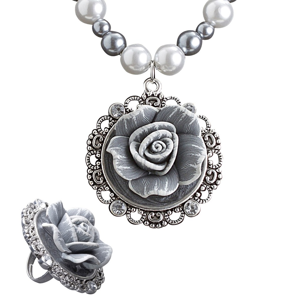 Pk 6 "BAROQUE PEARLS NECKLACE WITH CAME ROSE & CAME ROSE RING WITH STRASS SET