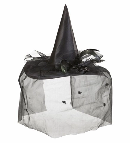 [WID9430K] Witch Hat with Flowers, Feathers and Tulle Veil