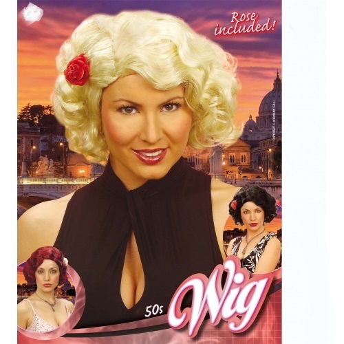 [WIDF6320] 50er-Jahre-Perücke mit Rose in Box, 3 Farben: Schwarz, Blond, Rot