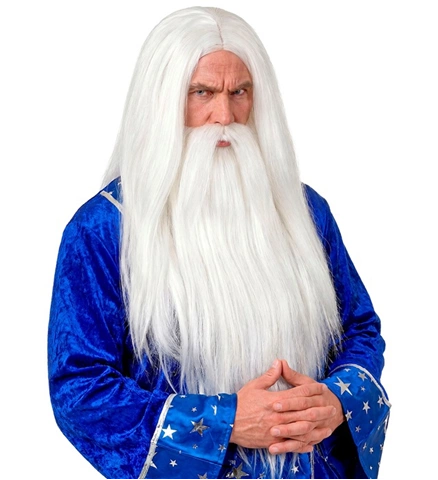 [WIDM6137] Perruque de magicien blanche avec longue barbe