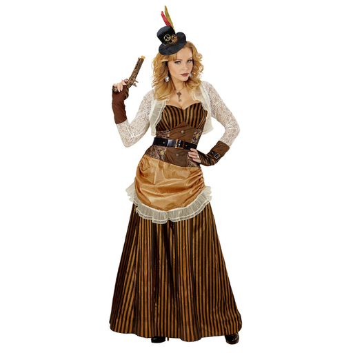 [WID07741] Déguisement Steampunk femme — robe longue rayée cuivre (S)