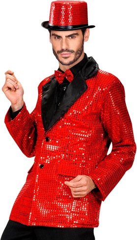 [WID8789G] VESTE ROUGE EN PAILLETTES AVEC COL SATIN T.XL (XL)