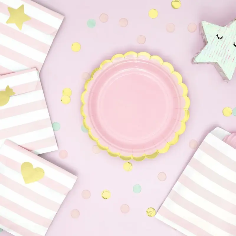 [PARTPP16-081J] 6 Assiettes bordure dorée 18 cm (Rose pastel)