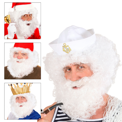 [WID6493W] Perruque et barbe bouclée blanche 