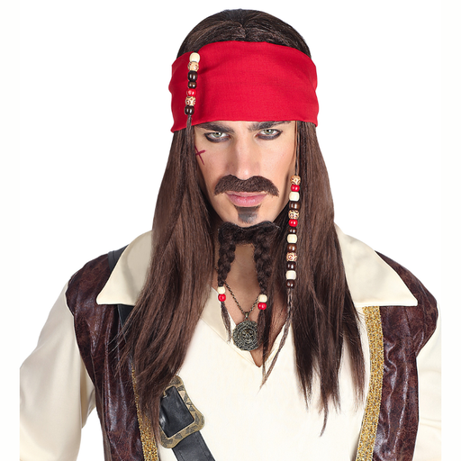 [WID06393] Perruque Pirate des Caraïbes avec bandana, moustache et barbiche à perles