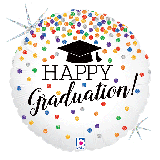[ABCG36551GH-P] Ballon alu "Happy Graduation" blanc à pois holographique 18"