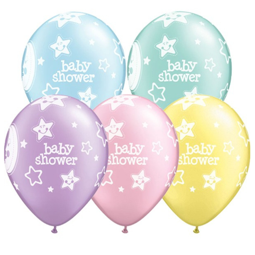 [ABC17783] 6 Ballons Latex 11" Baby Shower Lune & Etoiles Couleurs Assorties