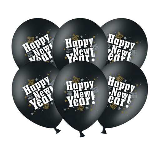 [PARSB14M-104-010-6] 6 Ballons "Happy New Year" Noir metallique