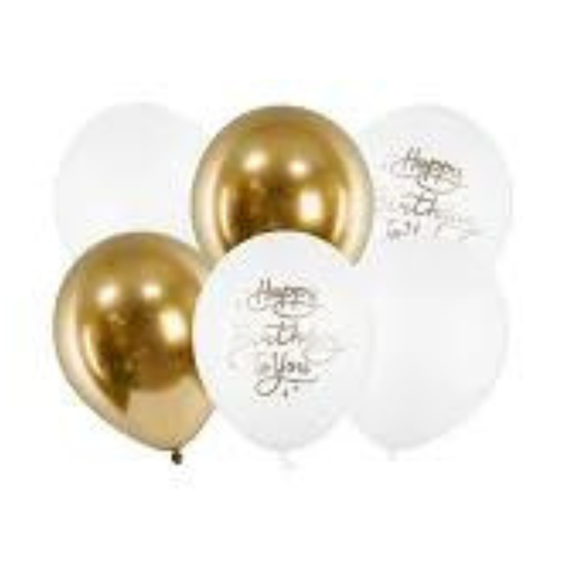 [PARSB14P-305-000-6] Ballons latex 30 cm Happy Birthday to you blanc et dorés, paquet de 6