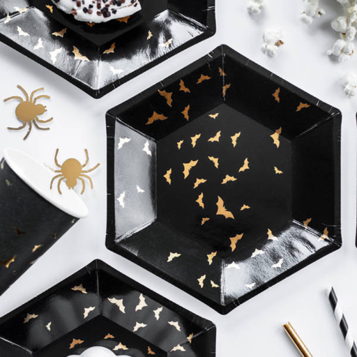 [PARTPP20] 6 Assiettes hexagonales noires et chauve-souris or 