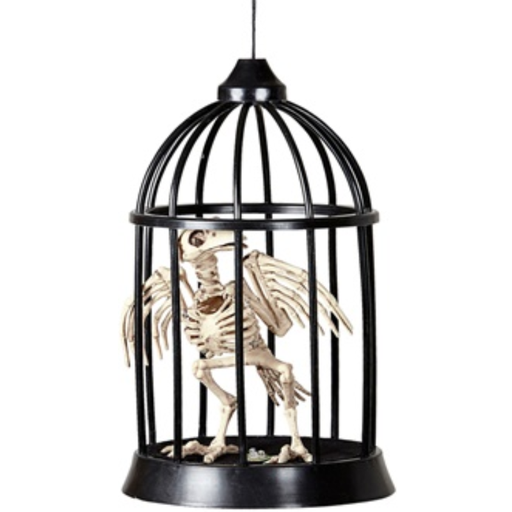 [WID07092] Décoration corbeau squelette en cage (lumière et son) 34 cm