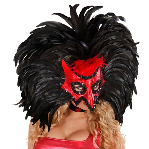 [WID6474D] Masque vénitien de démon rouge avec plumes noires