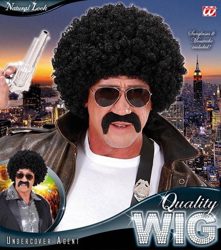 [WIDS7601] Perruque agent secré frisée noire avec moustache et lunettes