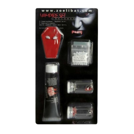 [ZOE84092141029] Set Vampire rouge : faux sang, dents, lentilles rouges